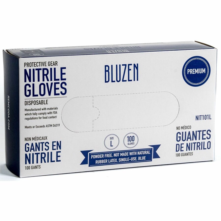 BLUZEN Disposable Nitrile Gloves - 3 mil Thickness - Large Size - Nitrile - Blue - Durable, Comfortable - 100/Box - 10 / Carton