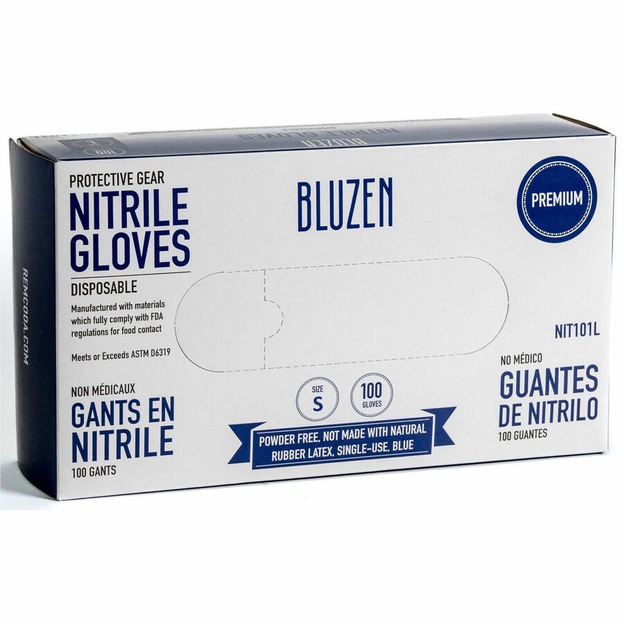 BLUZEN Disposable Nitrile Gloves - 3 mil Thickness - Small Size - Nitrile - Blue - Durable, Comfortable - 100/Box - 10 / Carton