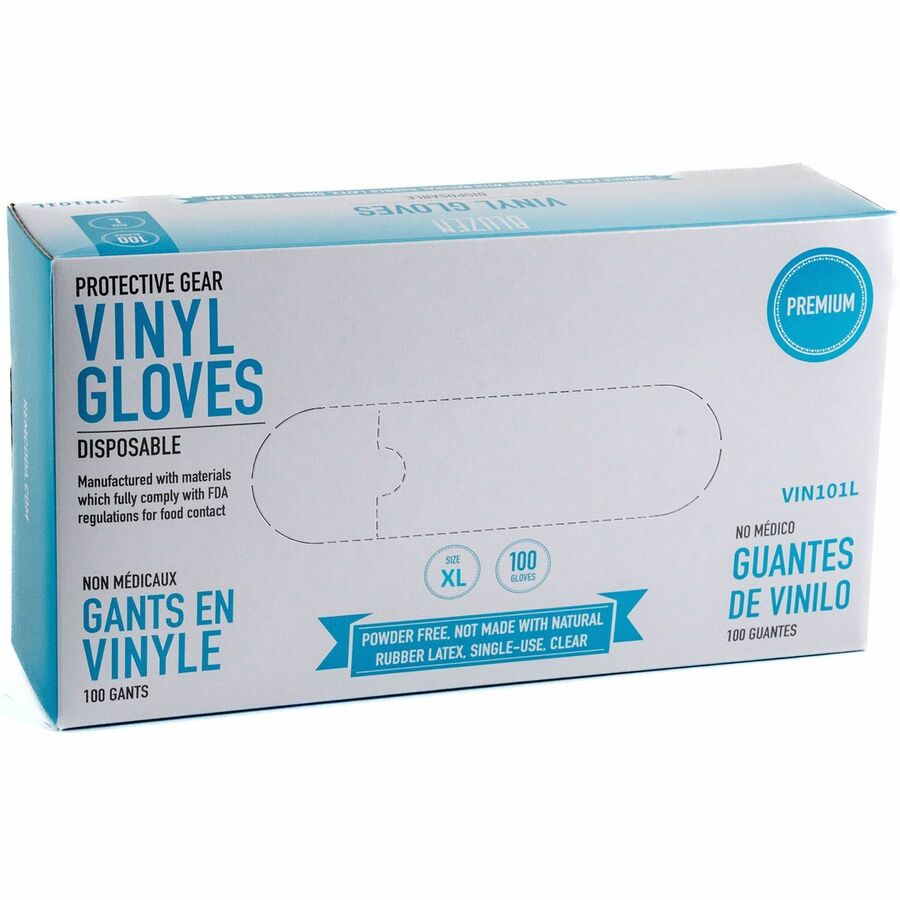 BLUZEN Powder-Free Vinyl Gloves - 3 mil Thickness - X-Large Size - Vinyl - Clear - Comfortable - 100/Box - 10 / Carton