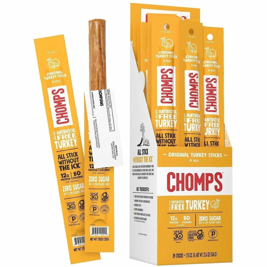 CHOMPS Original Turkey Snack Sticks - Gluten-free, No MSG, Preservative-free, Dairy-free, Low Sodium, Low Fat - Original Turkey - 1.15 oz - 24 / Pack