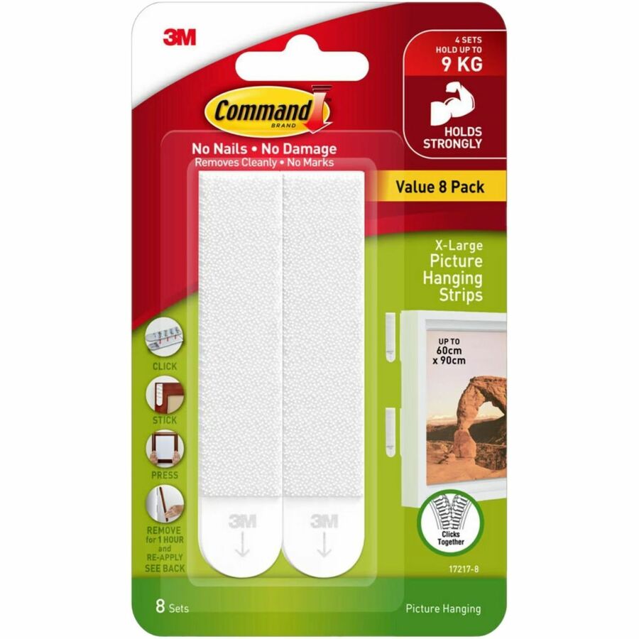 Command Hanging Strip - 19.84 lb (9 kg) Capacity - for Apartment, Art, Board, Clock, Concrete, Decoration, Dorm, Frame, Home, Mirror, Office, ... - White - 8 / Pack