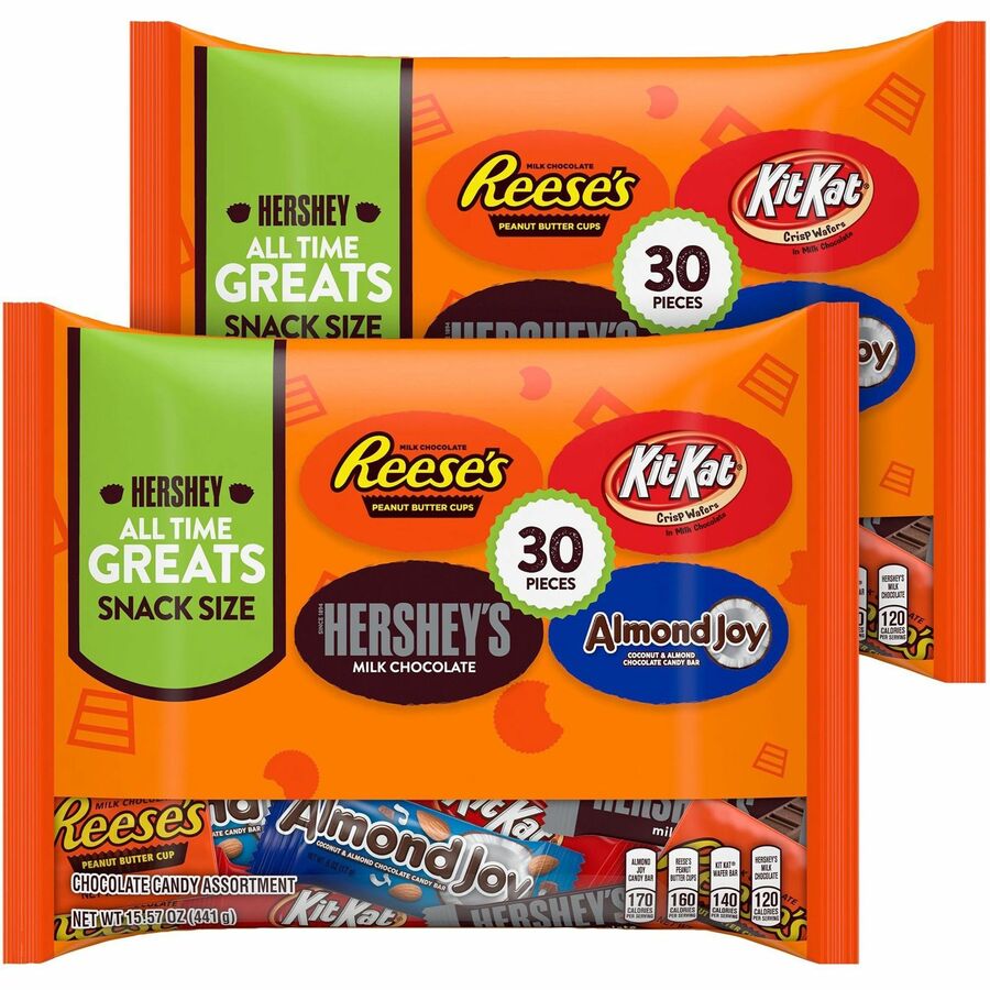 Hershey Chocolate Assortment - Milk Chocolate, Peanut Butter - Individually Wrapped - 15.92 oz - 30 Bag - 2 / Carton