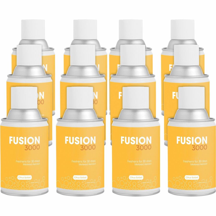 Fresh Products Fusion 3000 Metered Aerosols - 6000 ft� - Citrus Sorbet - 30 Day - Odor Neutralizer, VOC Compliant - 12 / Carton