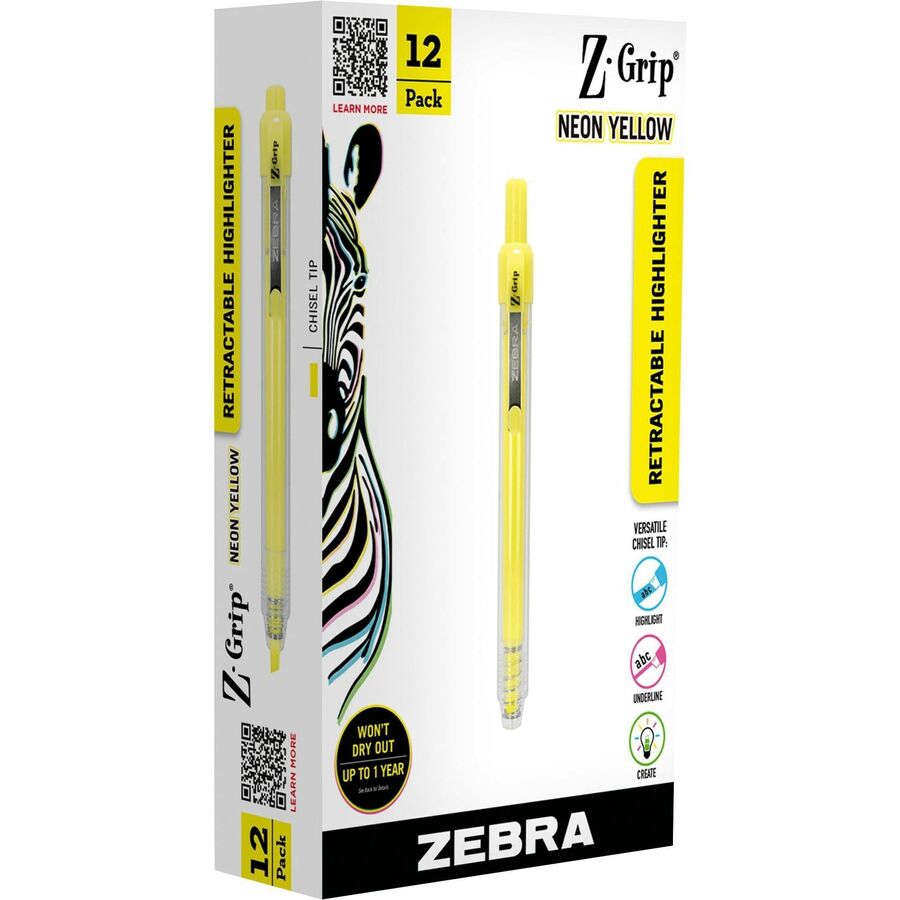 Zebra Pen Z-Grip Retractable Highlighter - Retractable - Neon Yellow Ink - 1 Dozen