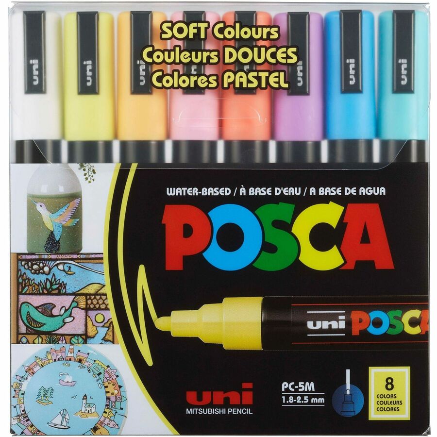 uniball™, POSCA Paint Marker - Erasable - Washable - White, Yellow, Apricot, Pink, Lavender, Blue, Green Ink - Water Based - 8 / Pack