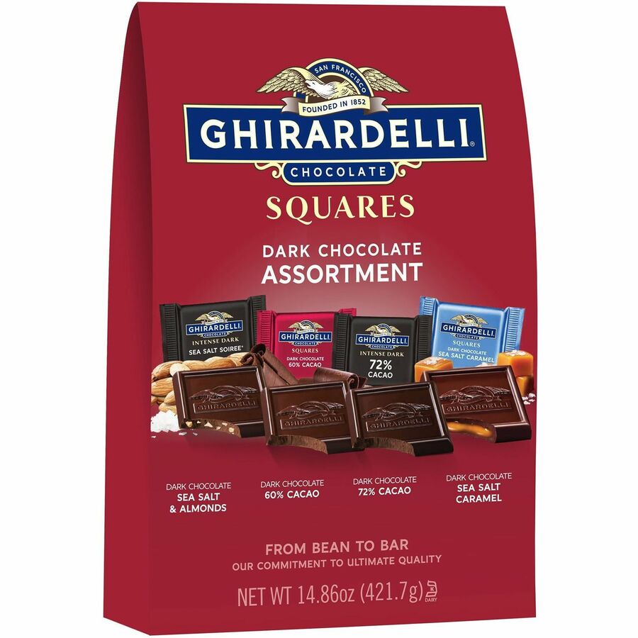 Ghirardelli Premium Assortment - Cacao, Dark Chocolate, Sea Salt Soiree, Dark Chocolate Sea Salt Caramel, Dark Chocolate Sea Salt Almond - Individually Wrapped - 14.86 oz - 1 Carton
