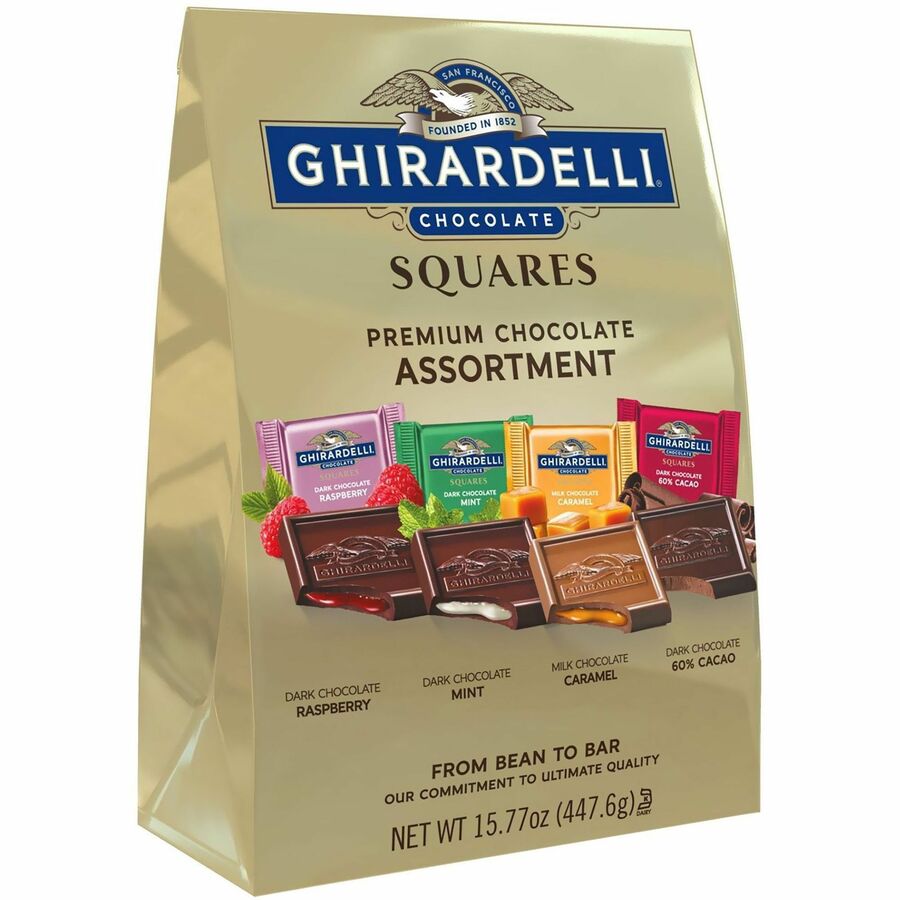 Ghirardelli Premium Assortment - Caramel Milk Chocolate, Dark Chocolate Raspberry, Dark Chocolate Mint, 60% Cacao Dark Chocolate - Individually Wrapped - 15.77 oz - 1 Carton