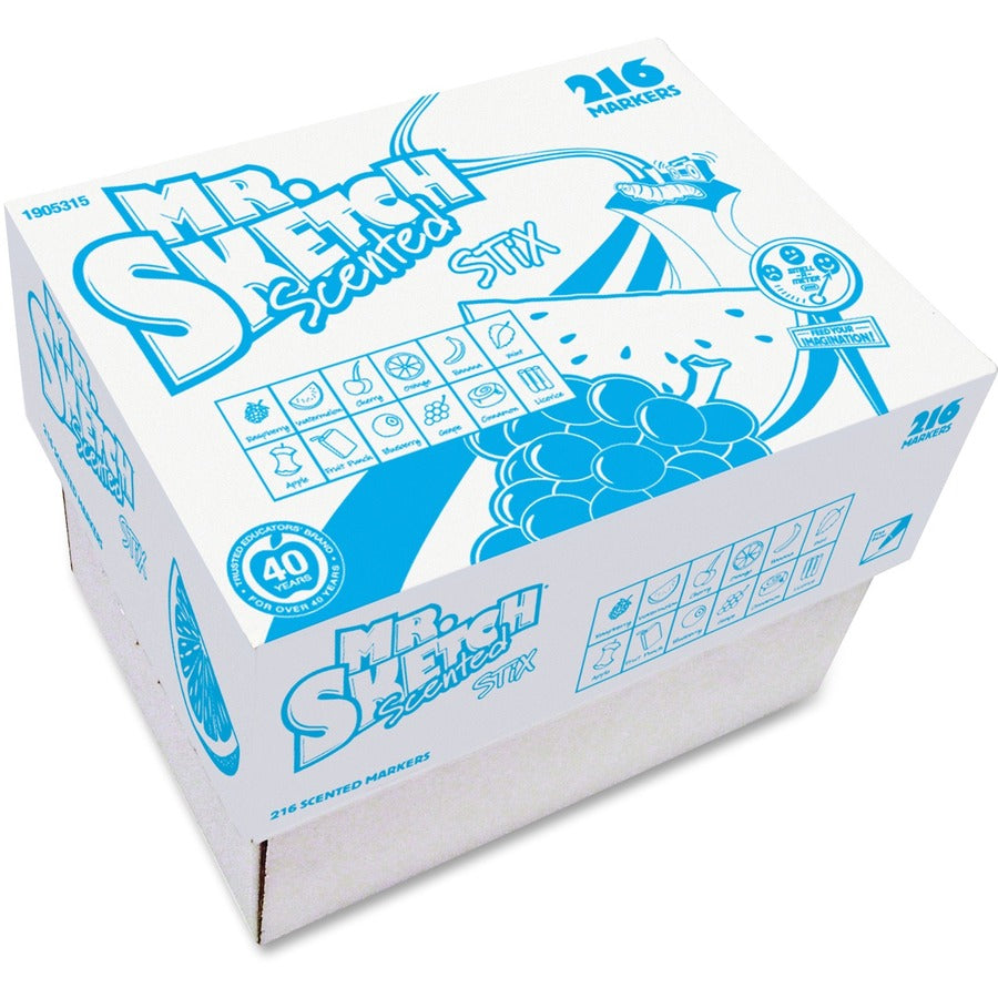 Mr. Sketch Stix Classpack Scented Markers - Black, Blue, Green, Orange, Red, Yellow, Dark Green, Brown, Magenta, Purple, Pink, ... Ink - Water Based - 216 / Box
