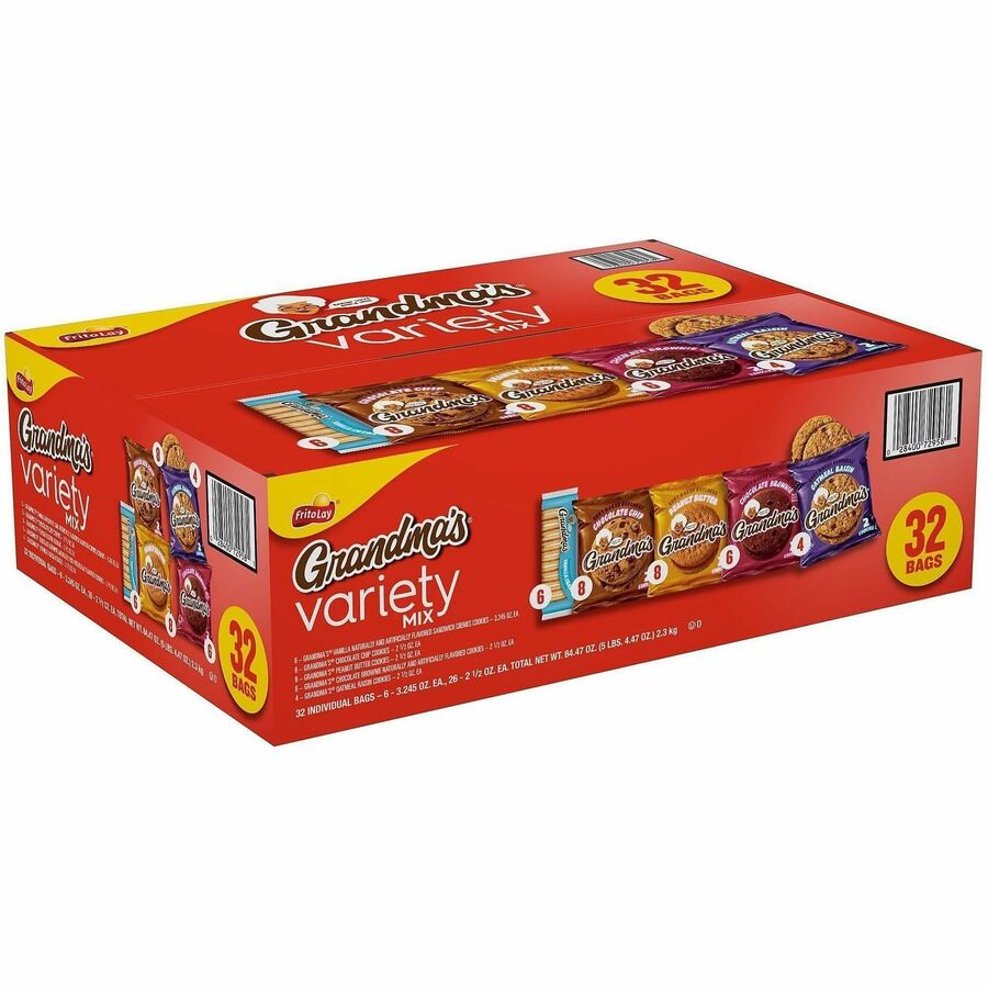 GRANDMA'S Cookies Variety Tray - Individually Wrapped - Chocolate Brownie, Chocolate Chip, Peanut Butter, Oatmeal Raison, Vanilla Creme - 2.50 oz, 3.25 oz - 32 / Carton