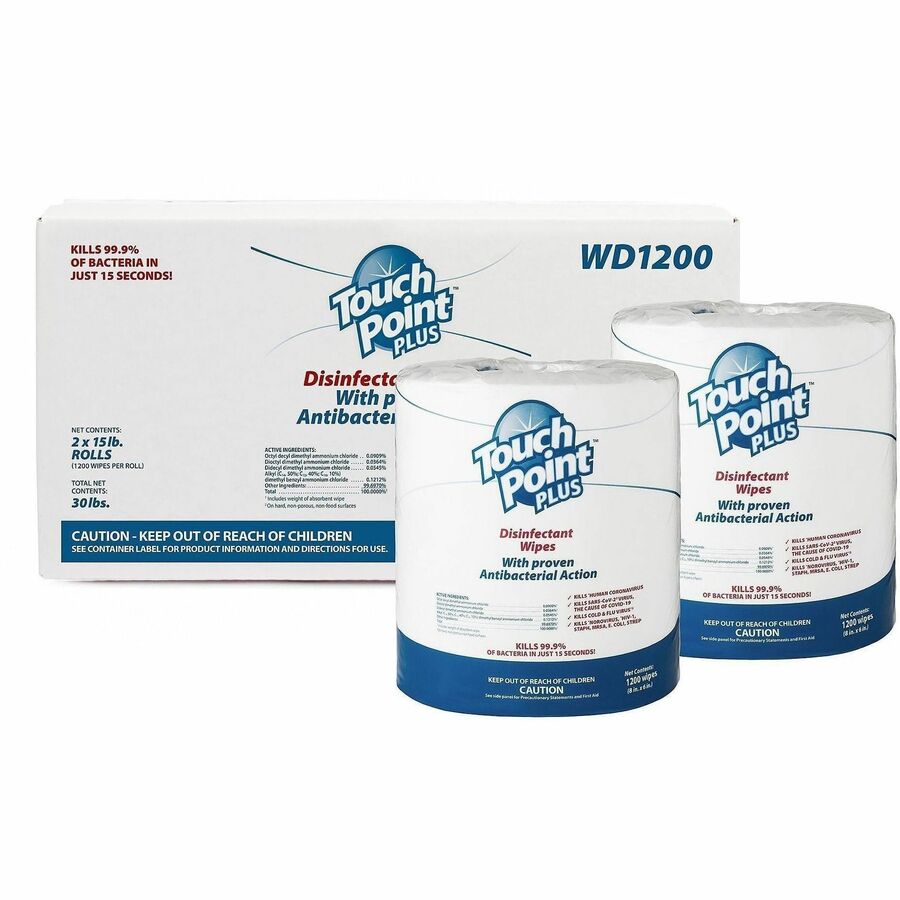 Touch Point®, Plus Disinfectant Wipes - For Multi Surface, Multipurpose - Wipe - 8" Length x 6" Width - Recommended For: Bacteria Remover, Odor Remover, Virus Remover - Fast Acting, Alcohol-free - White - 1200 Wipes/Roll - 2 / Carton