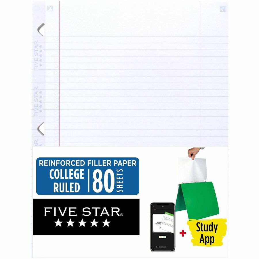 Mead Five Star Reinforced Filler Paper - 80 Sheets - College Ruled Front Ruling - Letter - 8 1/2" x 11" Sheet Size - White Paper - Reinforced, Heavyweight, Durable, Tear Resistant, Bleed Resistant, Undated, Hole-punched - 80 Sheets/Pack - 1 Each