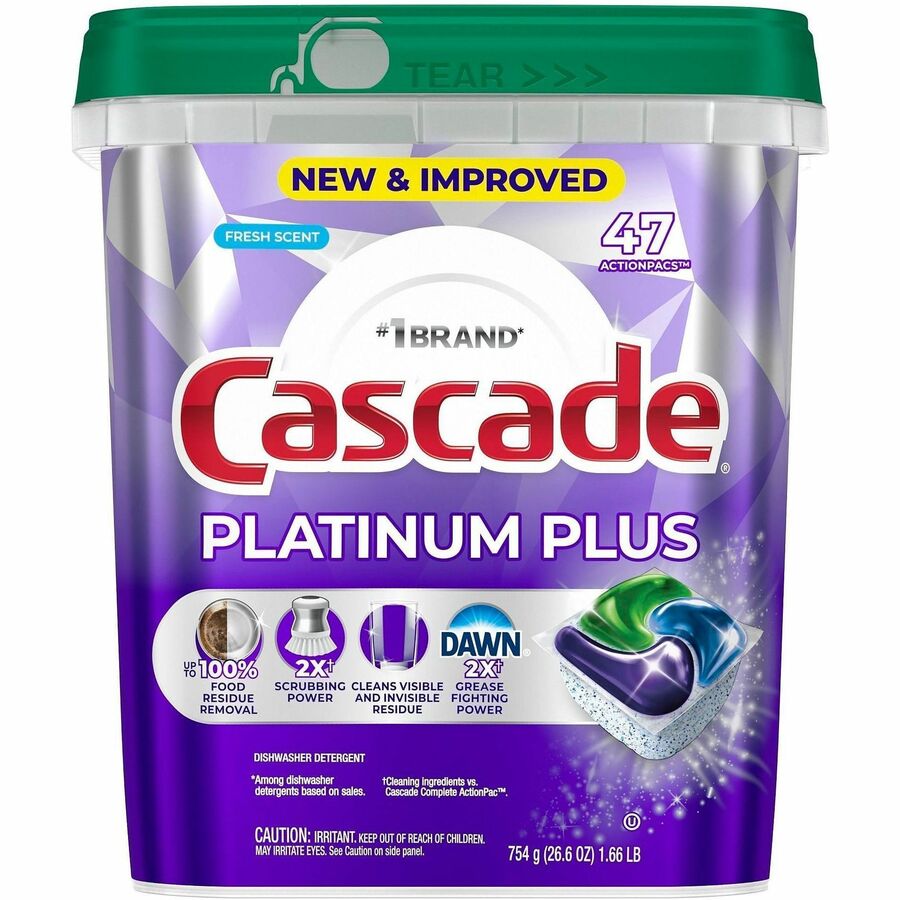 Cascade Platinum Plus ActionPacs - For Multipurpose - Fresh Scent - Recommended For: Residue Remover, Dried-on Food Remover, Grease Remover, Food Remover, Hard Water Deposit Remover - Enzyme Activated, Phosphate-free - Purple - 47 / Pack