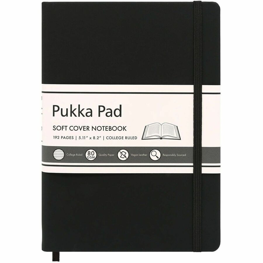 Pukka Pads Signature Notebook - 1 Subject(s) - 96 Sheets - 192 Pages - Casebound/Sewn - College Ruled Front Ruling - Ruled Margin - 80 g/m², Grammage - 5 7/64" x 8 1/5" Sheet Size - Cream Paper - Black Vegan Leather Cover - Soft Cover, Note Section...