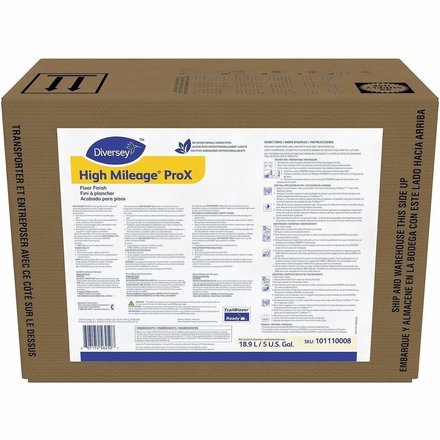 Diversey High Mileage ProX - For Hard Floor, Polished Surface, Glazed Surface, Ceramic Tile Floor - Ready-To-Use - Liquid - 640 fl oz (20 quart) - 8.2 pH - Solvent Scent - Low Odor, Non-yellowing, Durable, Slip Resistant - White, Clear - 1 Carton