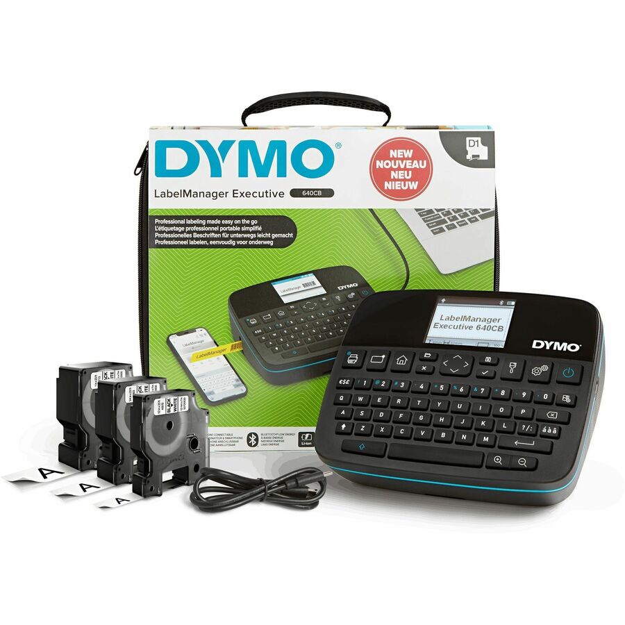 Dymo LabelManager Executive 640 CB Kits - Thermal Transfer - 0.79 in/s Mono - Tape - 0.24" , 0.35" , 0.47" , 0.75" , 0.94" - 1" Screen - Battery - Lithium Ion (Li-Ion) - Battery Included - Black - Handheld - Mac, PC - Ergonomic Design - for Office, War...