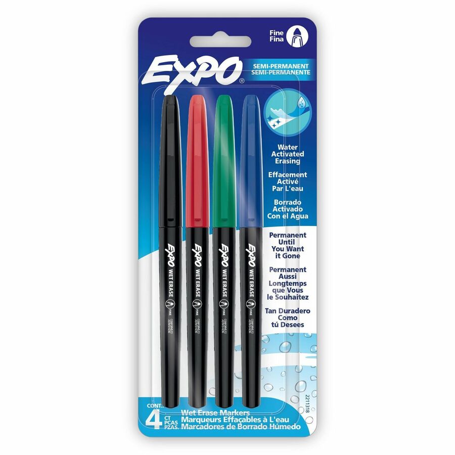 Expo Wet Erase Markers, Fine Tip - Erasable - Assorted Ink - Glass - 4 / Pack