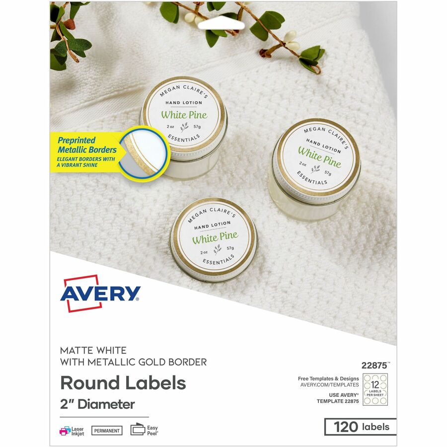 Avery®, Multipurpose Label - x 2" Diameter - Permanent Adhesive - Round - Laser, Inkjet - Matte - Gold, Matte White - Gold Border - Paper - 12 / Sheet - 10 Total Sheets - 120 Total Label(s) - 120 / Pack