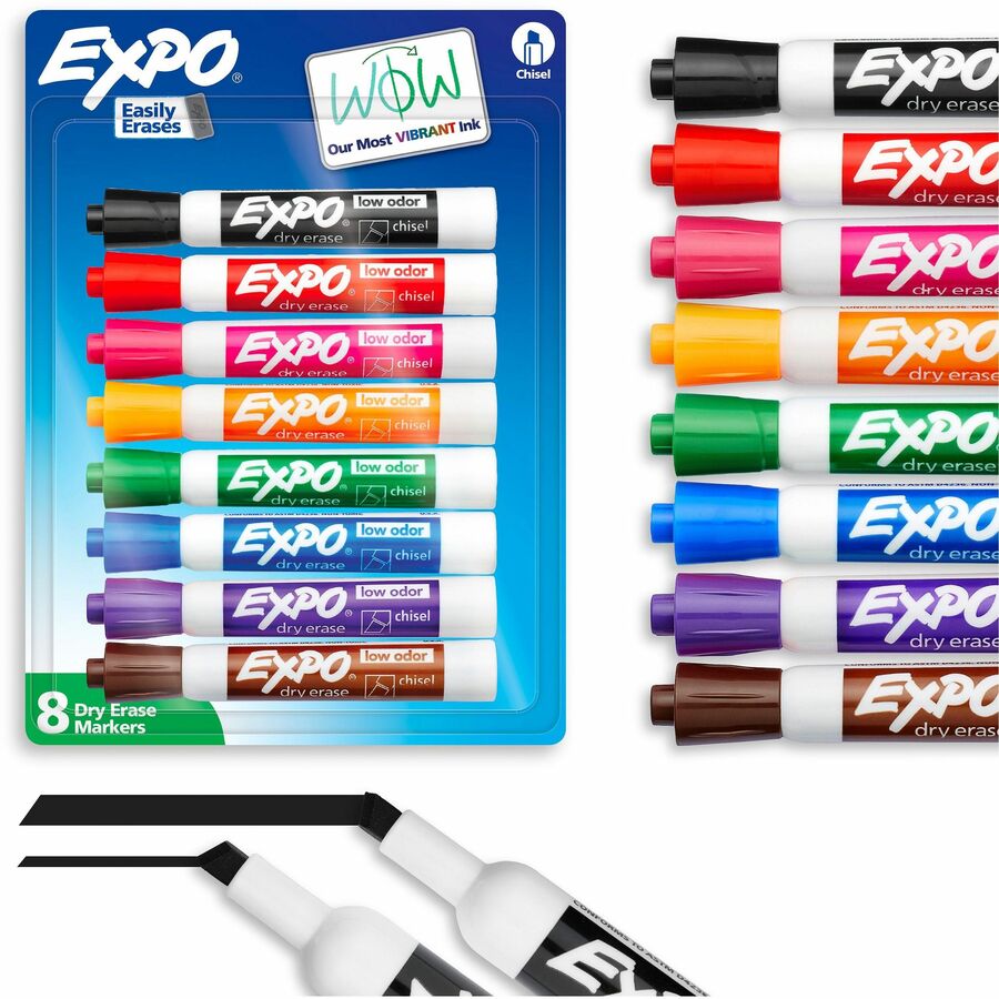 Expo Low Odour Dry Erase Markers Chisel Tip Assorted Colours 8/pkg - Erasable - Assorted Ink - Dry - Classroom, Office, Home, Glass - 8 / Pack