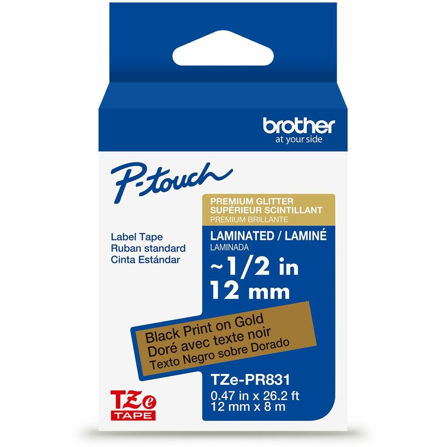 Brother P-touch Tze Label Tape - 15/32" Width - Glitter Gold - Laminated - Water Resistant - 1 Each