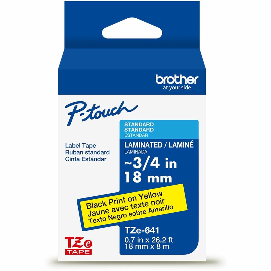 Brother Genuine P-touch TZe641 BK on YL Label Tape, Laminated, 18mmX8m - 45/64" Width - Yellow - Laminated - Water Resistant - 1 Each