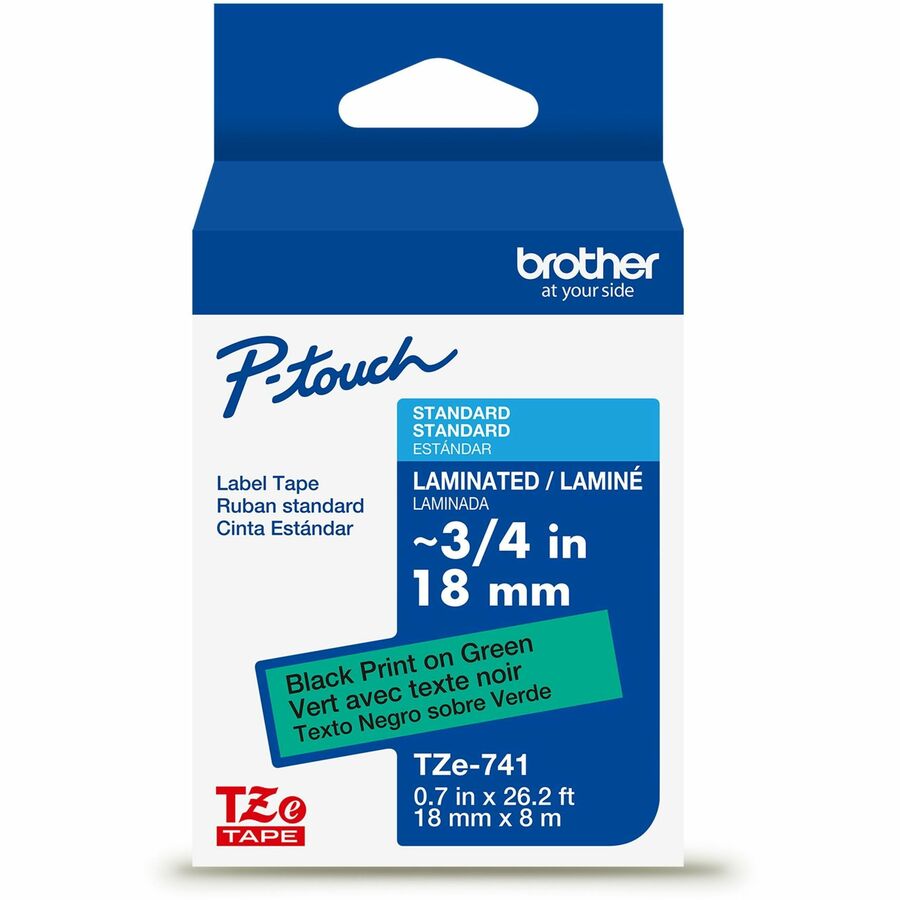Brother Genuine P-touch TZe741 BK on GRN Label Tape, Laminated, 18mmX8m - 45/64" Width - Green - Laminated - Water Resistant - 1 Each