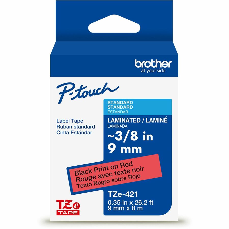 Brother Genuine P-touch TZe421 BK on RD Label Tape, Laminated, 9mmX8m - 23/64" Width - Red - Laminated - Water Resistant - 1 Each