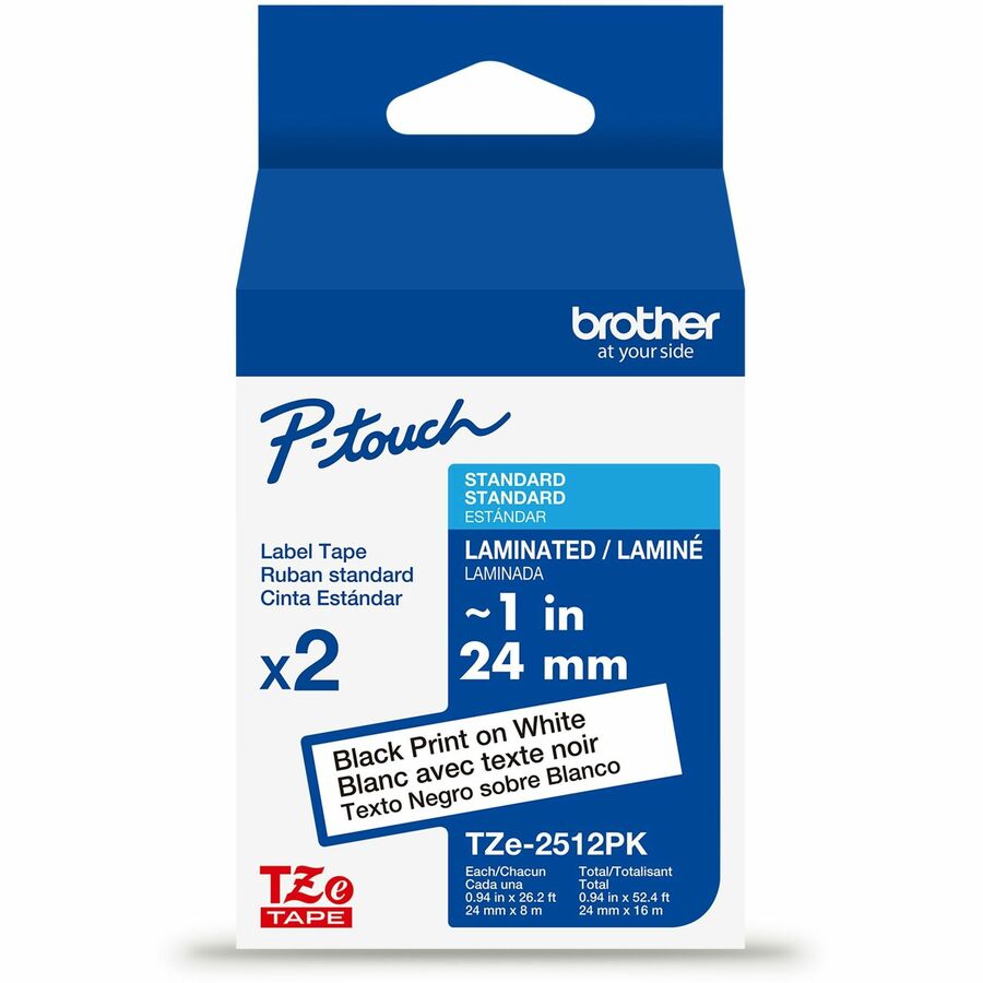 Brother Genuine P-touch TZe2512PK BK on WHT Label Tapes, Laminated, 24mmX8m each - 15/16" Width - White - Laminated - Water Resistant - 2 / Pack
