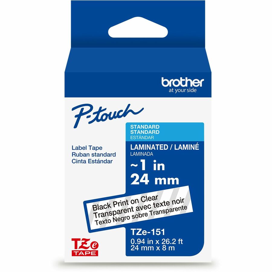 Brother Genuine P-touch TZe151 BK on CLR Label Tape, Laminated, 24mmX8m - 15/16" Width - Clear - Laminated - Water Resistant - 1 Each