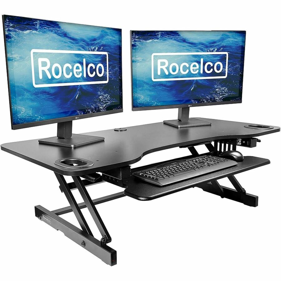 Rocelco ADR-45 45" Adjustable Desk Riser with EVR - 40 lb Load Capacity - 17.50" Height x 45" Width x 23.50" Depth - Desk - Black - For Monitor, Keyboard, Notebook - Scratch Resistant Pad, Sturdy, Handle, Ergonomic, Retractable, Keyboard Tray, Grommet...