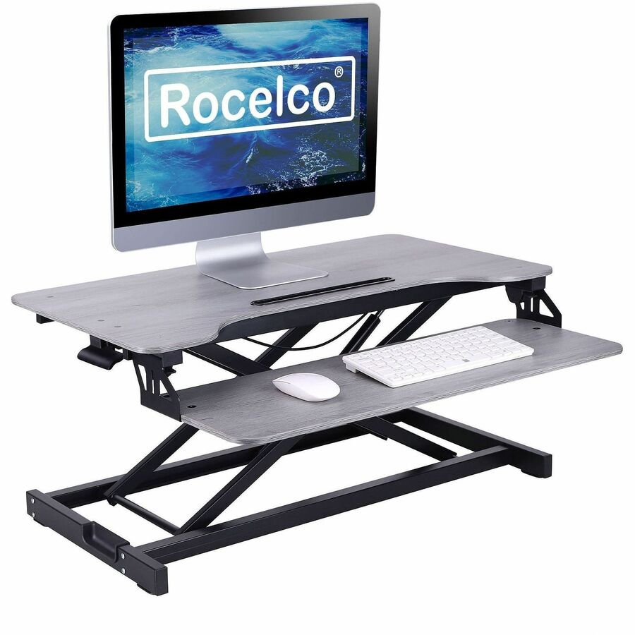 Rocelco Desk Riser & Converter - 30 lb Load Capacity - 19.70" Height x 31.50" Width x 17" Depth - Desk - Gray Wood Grain - For Monitor, Keyboard, Notebook, Tablet, Smartphone - Ergonomic, Keyboard Tray, Sit-stand, Grommet, Cable Management, Handle