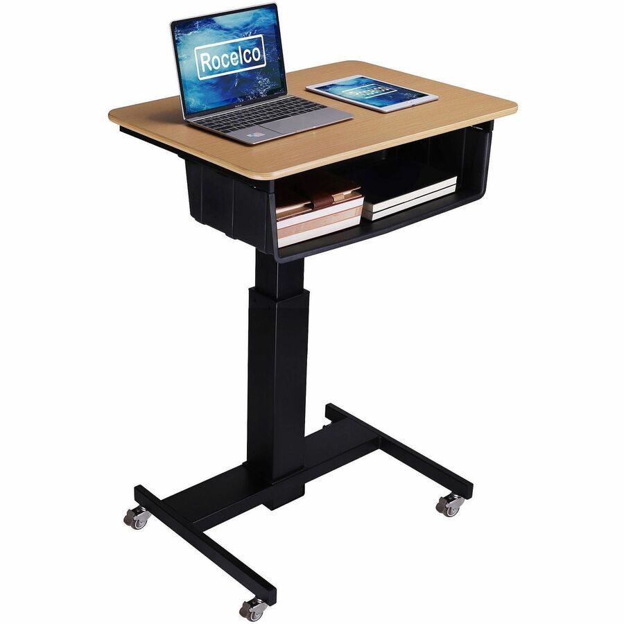 Rocelco Sit-to-Stand School Desk - 20 lb Load Capacity - 41" Height x 28" Width x 20" Depth - Desk - Wood Grain - Brown - For School, Monitor, Notebook, Student, Storage, Classroom, Book, Office Supplies - Gas Spring, Sit-stand, Adjustable, Lockable Ca...