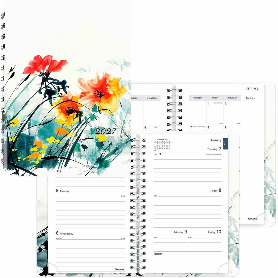 Rediform Essential Weekly/Monthly Planner - Weekly, Monthly - 12 Month - January 2027 to December 2027 - 1 Week, 1 Month Double Page Layout - Twin Wire - Dramatic Floral - 1 Each