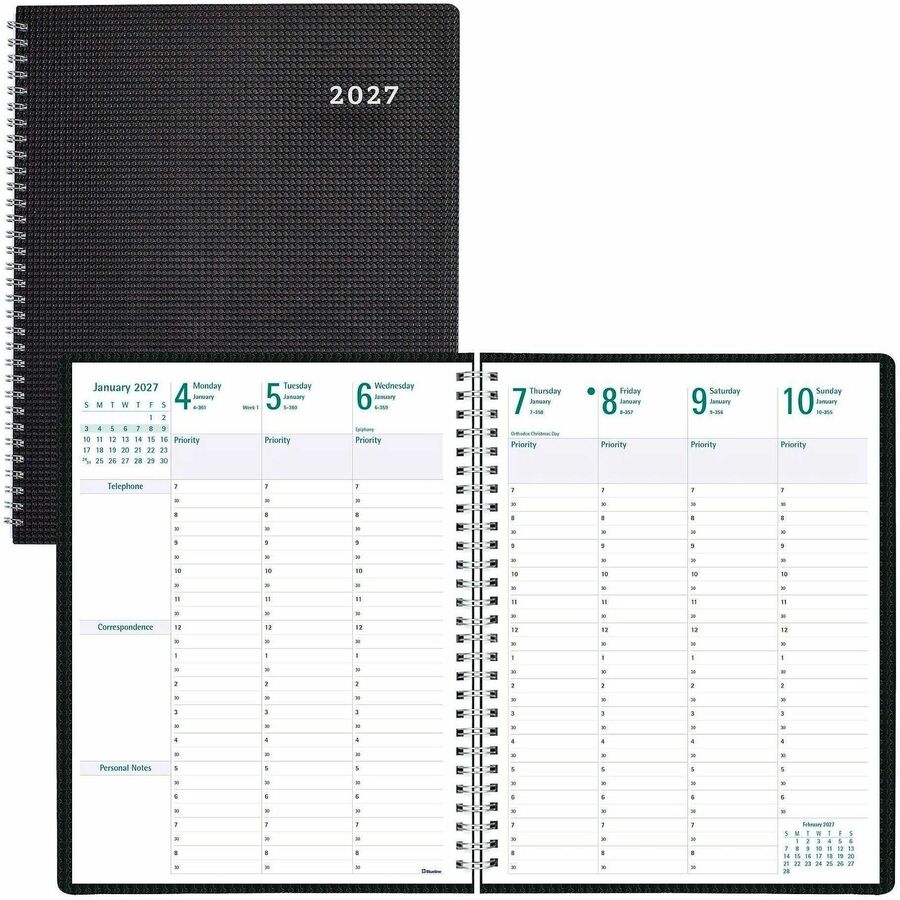 Rediform Timanager DuraFlex Appointment Book - Weekly, Monthly - 13 Month - December 2026 to December 2027 - 7:00 AM to 8:30 PM - Monday - Saturday, 7:00 AM to 6:30 PM - Sunday, Half-hourly - 1 Week, 1 Month Double Page Layout - Letter - 8 1/2" x 11" S...