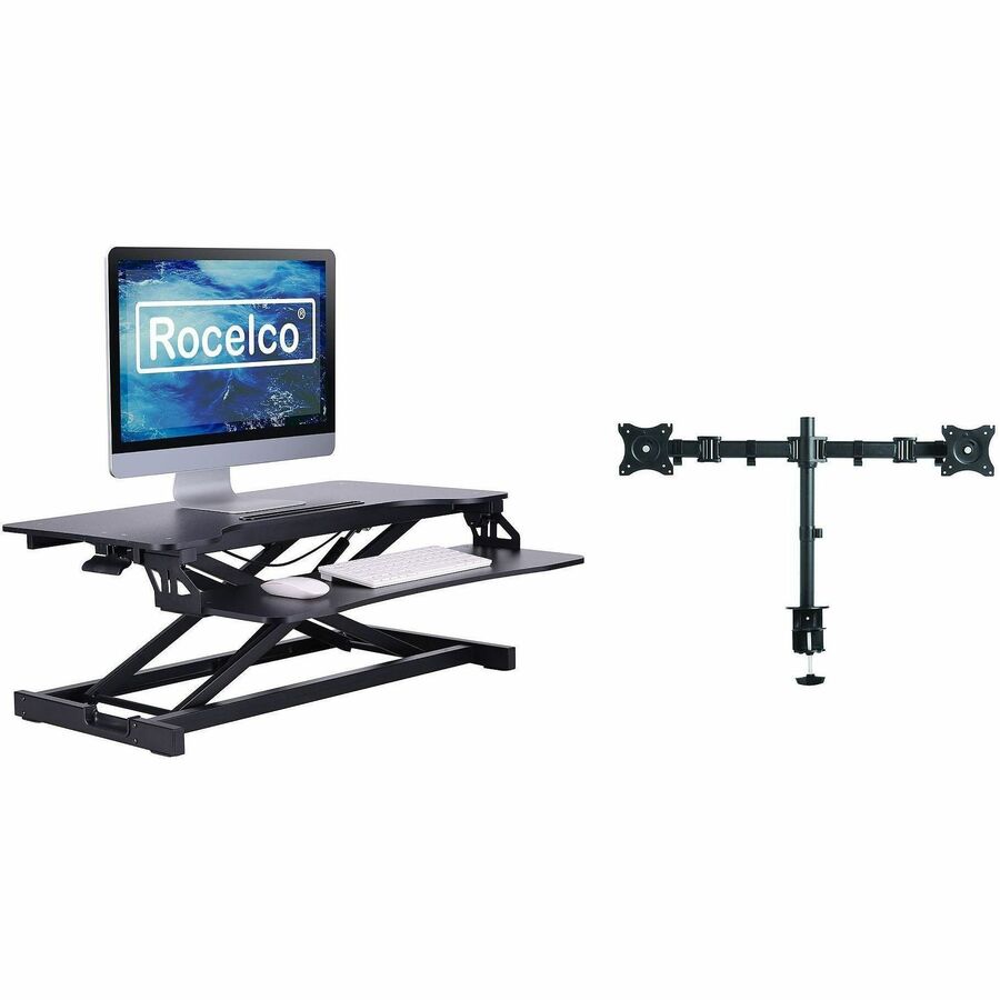 Rocelco Desk Riser & Dual-Monitor Mount - Up to 27" Screen Support - 30 lb Load Capacity - 19.17" Height x 31.50" Width x 17.45" Depth - Desk - Black - For Monitor, Keyboard, Tablet, Smartphone - Dual Display, Sit-stand, Ergonomic, Keyboard Tray, Gromm...