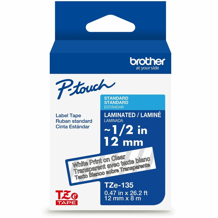 Brother Genuine P-touch TZe135 WHT on CLR Label Tape, Laminated, 12mmX8m - 15/32" Width - Clear - Laminated - Water Resistant - 1 Each