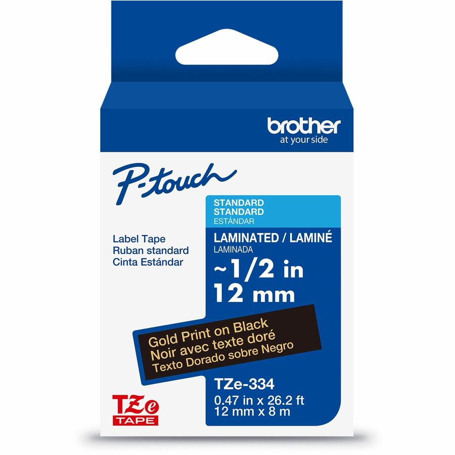Brother Genuine P-touch TZe334 GLD on BK Label Tape, Laminated, 12mmX8m - x 15/32" Width x 26 1/5 ft Length - Black - Vinyl - Water Resistant - Laminated - 1 Each