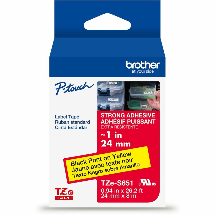 Brother Genuine P-touch TZeS651 BK on YL Label Tape, Strong Adhesive Lam., 24mmX8m - 15/16" Width - Yellow - Laminated - Water Resistant - 1 Each