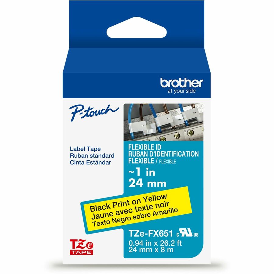 Brother Genuine P-touch TZeFX651 BK on YL Label Tape, Flexible ID Laminated, 24mmX8m - 15/16" Width - Yellow - Laminated - Water Resistant - 1 Each