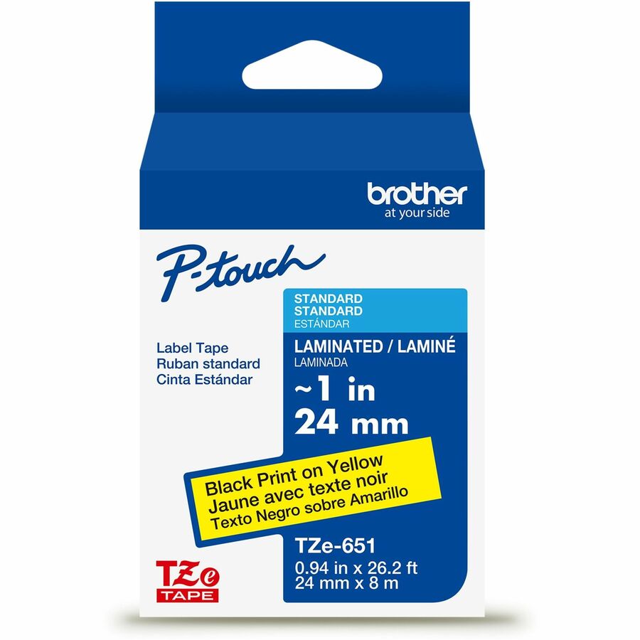 Brother Genuine P-touch TZe651 BK on YL Label Tape, Laminated, 24mmX8m - 15/16" Width - Black On Yellow - Laminated - Water Resistant - 1 Each