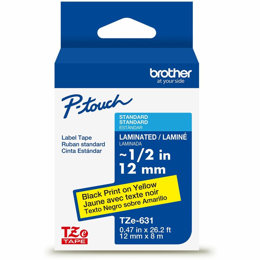 Brother Genuine P-touch TZe631 BK on YL Label Tape, Laminated, 12mmX8m - 15/32" Width - Yellow - Laminated - Water Resistant - 1 Each