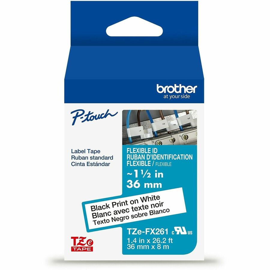 Brother Genuine P-touch TZeFX261 BK on WHT Label Tape, Flexible ID Laminated, 36mmX8m - x 1 27/64" Width - White - Polyester - Water Resistant - Laminated - 1 Each