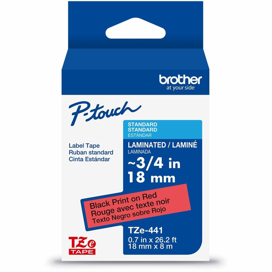 Brother Genuine P-touch TZe441 BK on RD Label Tape, Laminated, 18mmX8m - 45/64" Width - Red - Laminated - Water Resistant - 1 Each