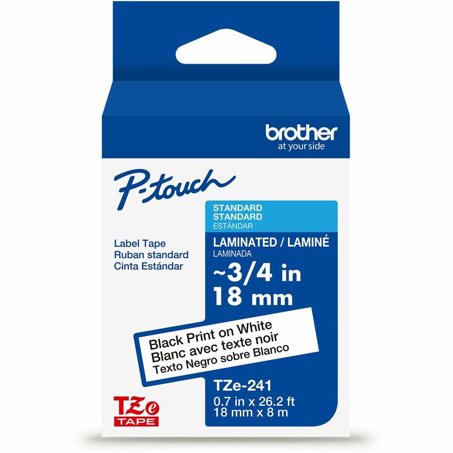 Brother Genuine P-touch TZe241 BK on WHT Label Tape, Laminated, 18mmX8m - 45/64" Width - White - Laminated - Water Resistant - 1 Each