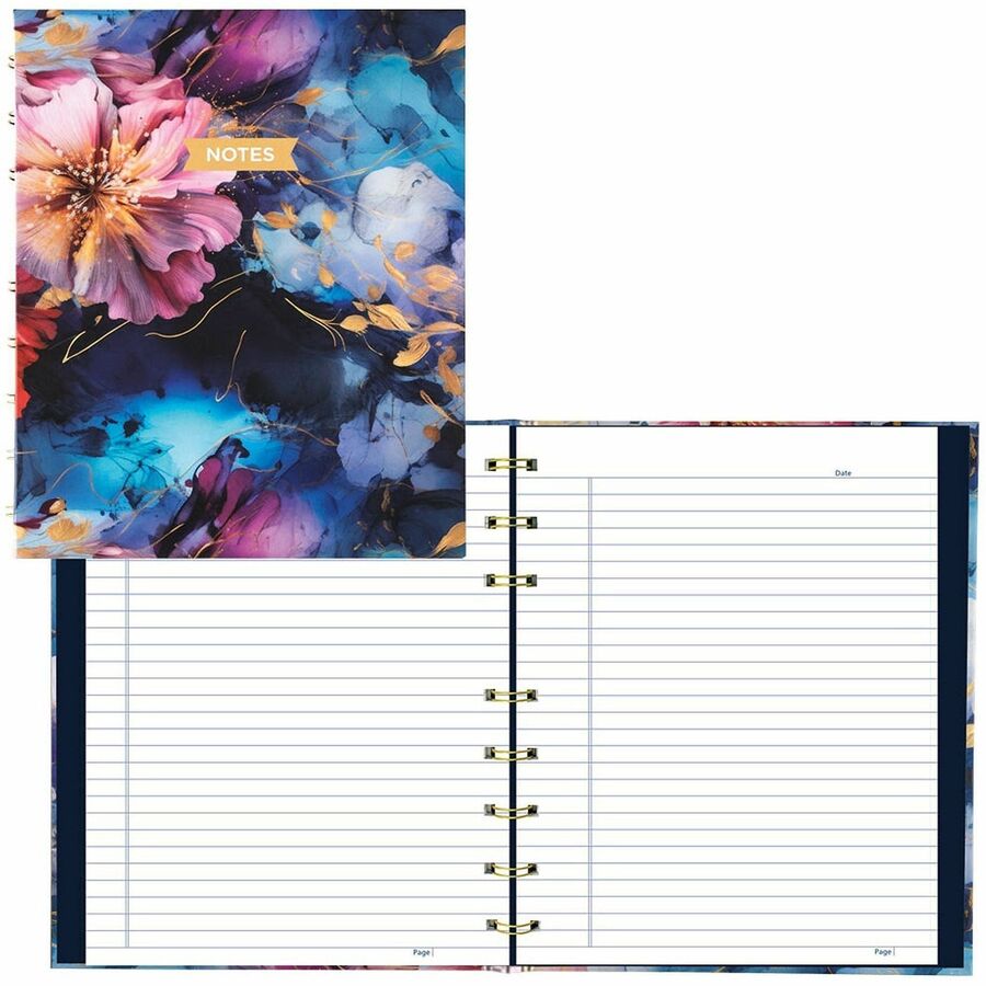 Blueline NotePro Notebook, Fashion Collection, 192 Pages, Midnight Floral - 192 Pages - Printed - Twin Wirebound - Ruled Margin - 9 1/4" x 7 1/4" Sheet Size - White Paper - Gold Binding - Midnight Floral Cover - Hard Cover, Flexible, Self-adhesive Tab...