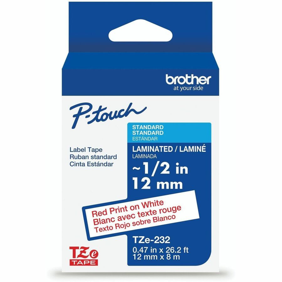 Brother Genuine P-touch TZe232 RD on WHT Label Tape, Laminated, 12mmX8m - x 15/32" Width - White - Polyethylene Terephthalate (PET) - Water Resistant - Laminated - 1 Each
