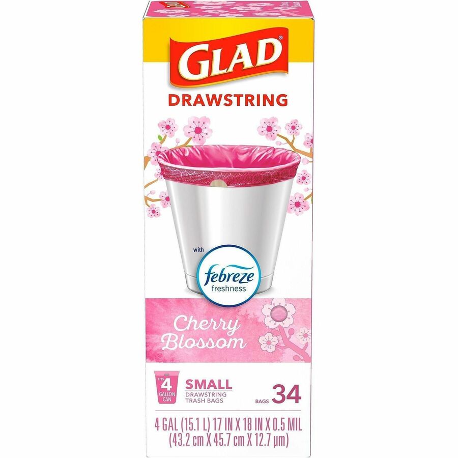 Glad Odorshield Small Drawstring Trash Bags - Cherry Blossom - Small Size - 4 gal Capacity - 18" Length x 17" Width - Drawstring Closure - Pink - Garbage, Kitchen, Bedroom, Bathroom - 34 / Box