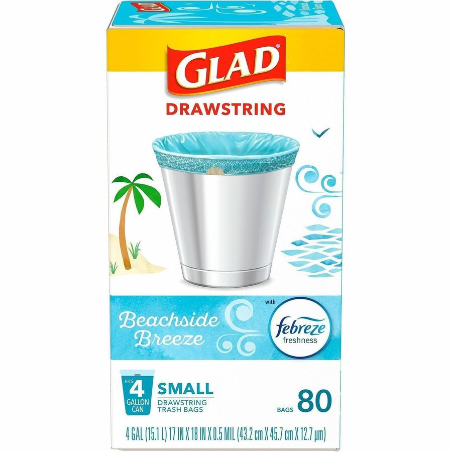 Glad OdorShield Drawstring Trash Bags - Febreze Beachside Breeze - Small Size - 4 gal Capacity - 18" Length x 17" Width x 0.50 mil (13 Micron) Thickness - Drawstring Closure - Blue - Kitchen, Bathroom, Garbage, Home Office, Bedroom, Home, Laundry - 80...