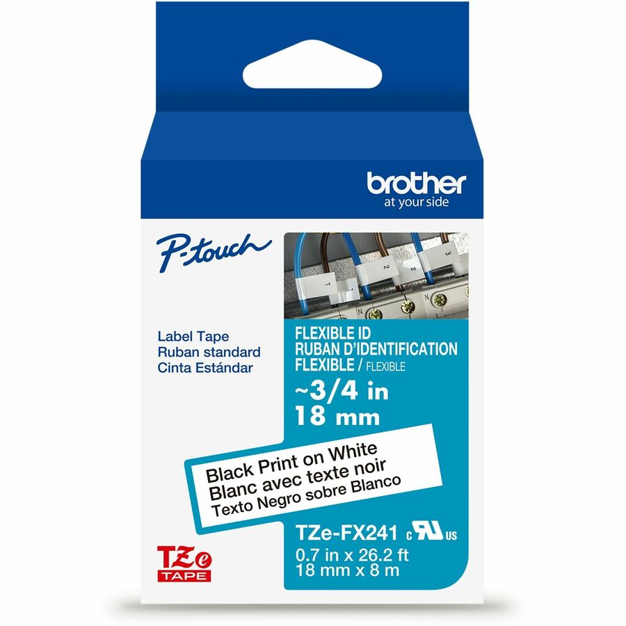 Brother Genuine P-touch TZeFX241 BK on WHT Label Tape, Flexible ID Laminated, 18mmX8m - 45/64" Width - White - Laminated - Water Resistant - 1 Each