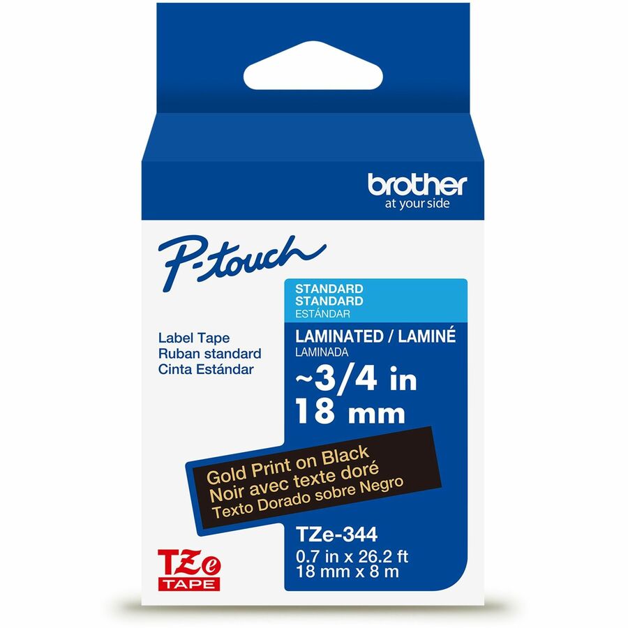 Brother Genuine P-touch TZe344 GLD on BK Label Tape, Laminated, 18mmX8m - 45/64" Width - Black - Laminated - Water Resistant - 1 Each