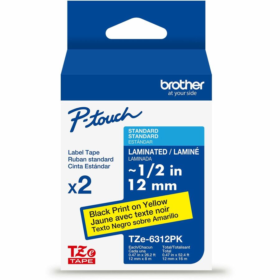 Brother Genuine P-touch TZe6312PK BK on YL Label Tapes, Laminated, 12mmX8m each - 15/32" Width - Yellow - Laminated - Water Resistant - 2 / Pack